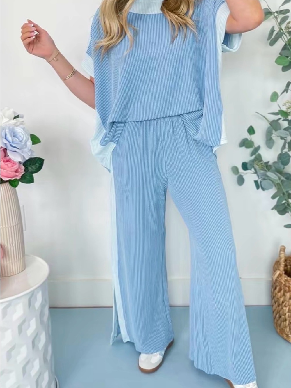 Umgee Light Blue Wide-Leg Pleated Jumpsuit
